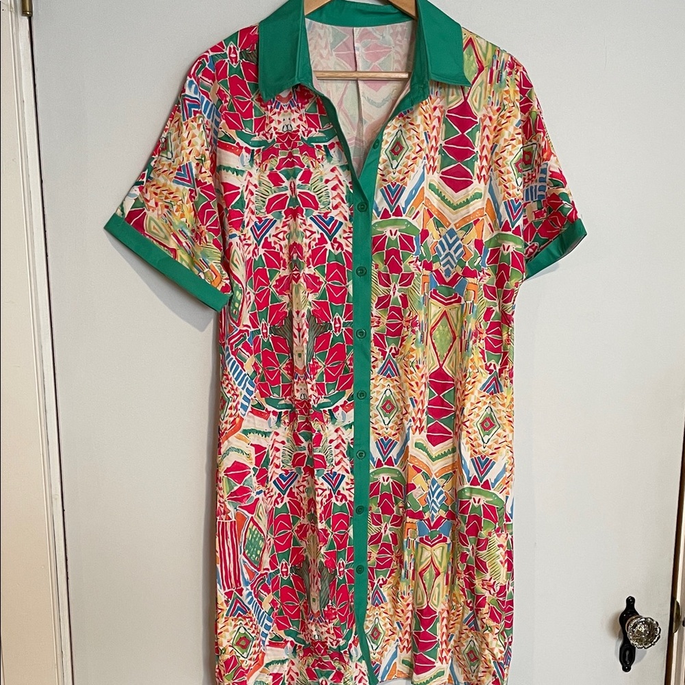 Colorful Hot Pink &  Green Geometric Print shirt Dress Sz M - Picture 2 of 6